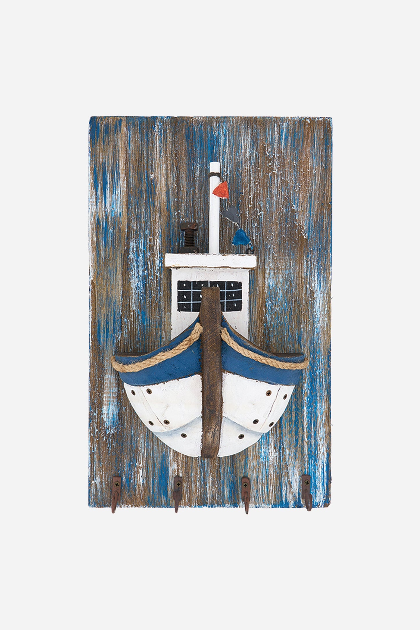 Wooden coat rack with fishing boat