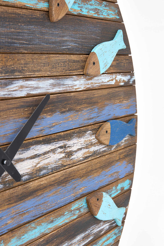 Reloj de pared marinero de madera con peces