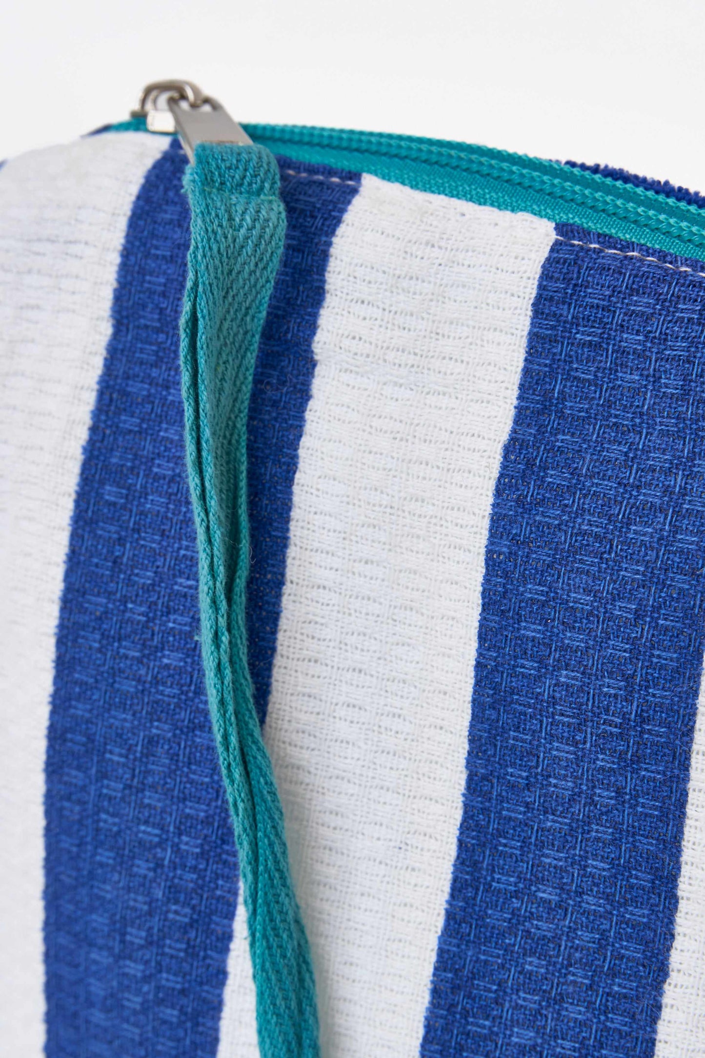 White and blue striped cotton toiletry bag