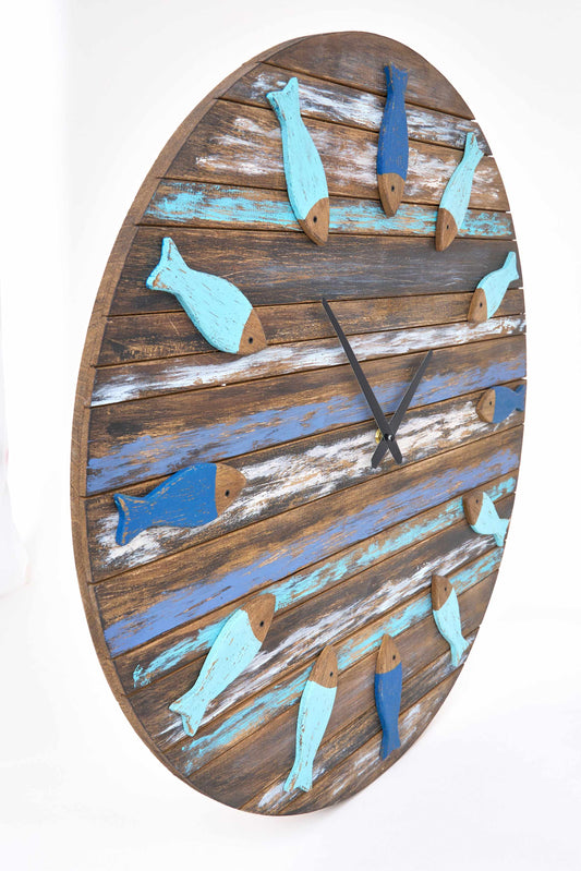 Reloj de pared marinero de madera con peces
