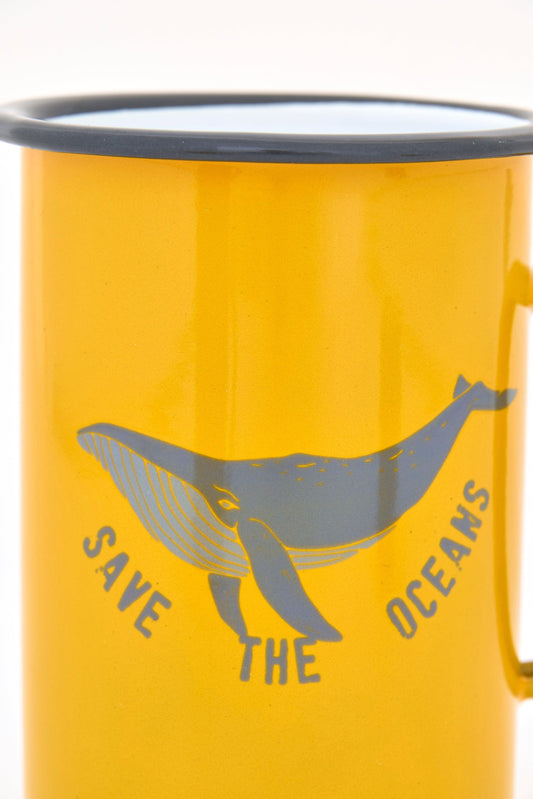 Taza esmaltada amarilla con ballena