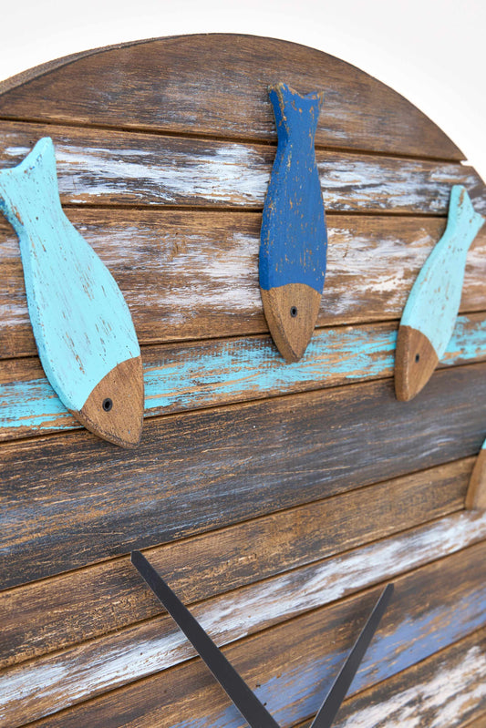 Reloj de pared marinero de madera con peces