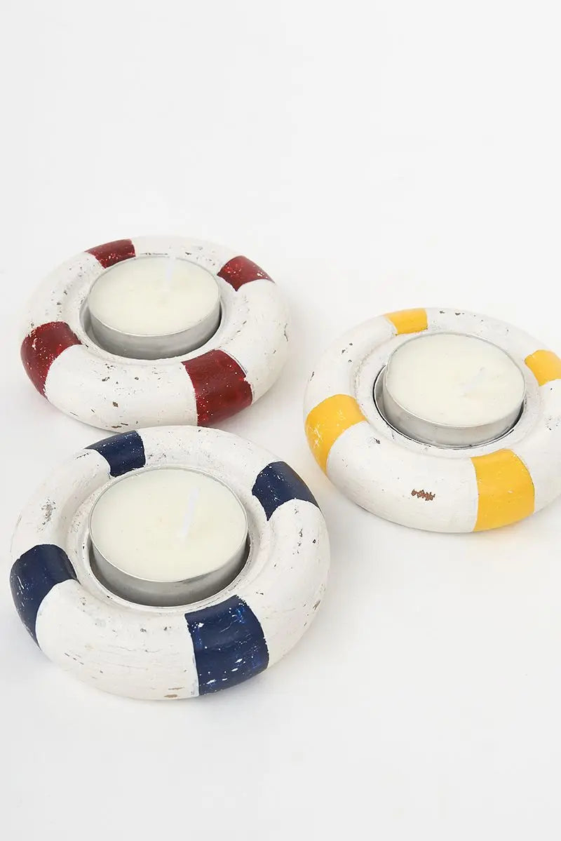 Set de 3 Portavelas con forma de salvavidas de madera