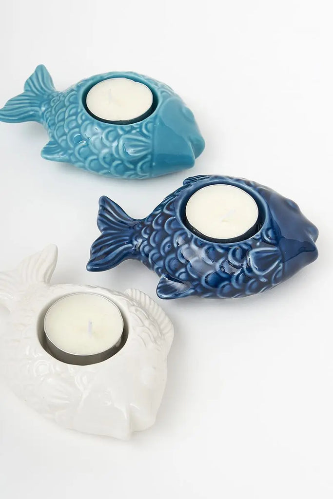 Set de 3 portavelas de cerámica con forma de pez con escamas