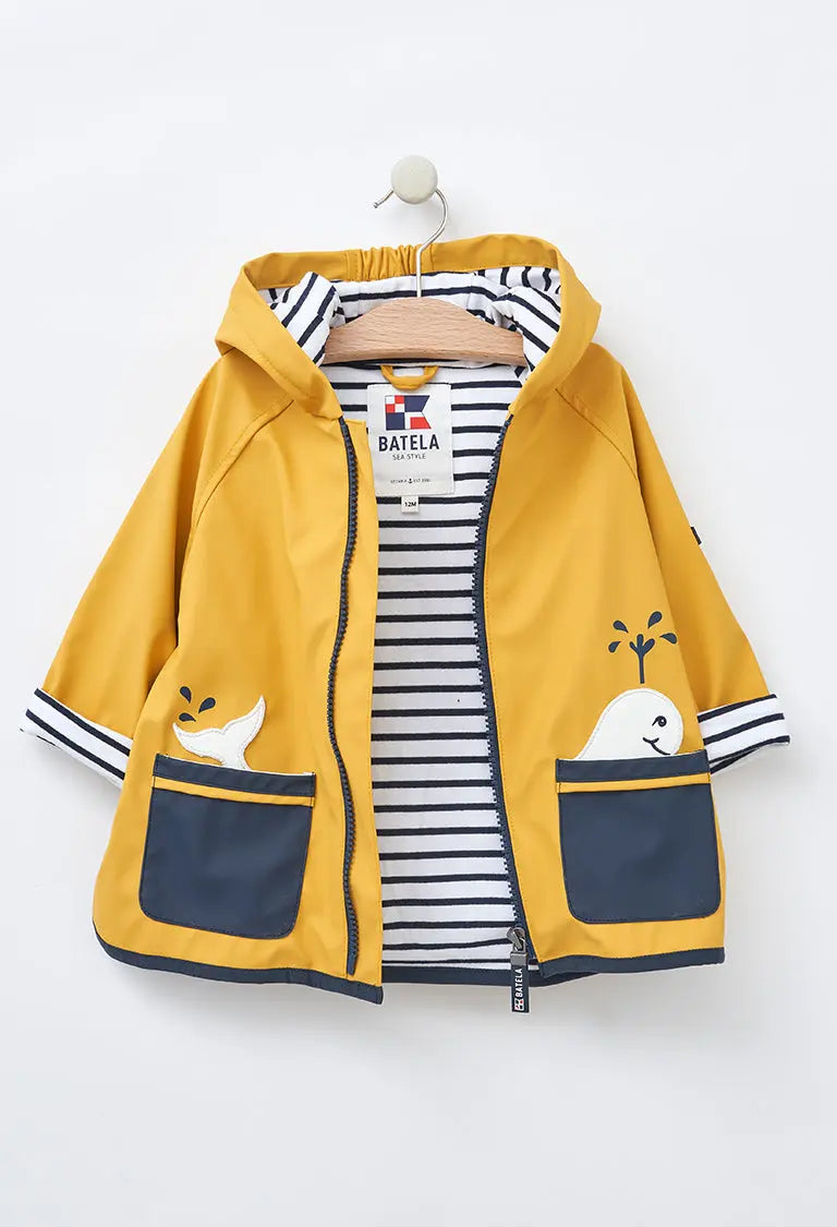 Baby s rain jacket with whale pockets and stripe cotton lining