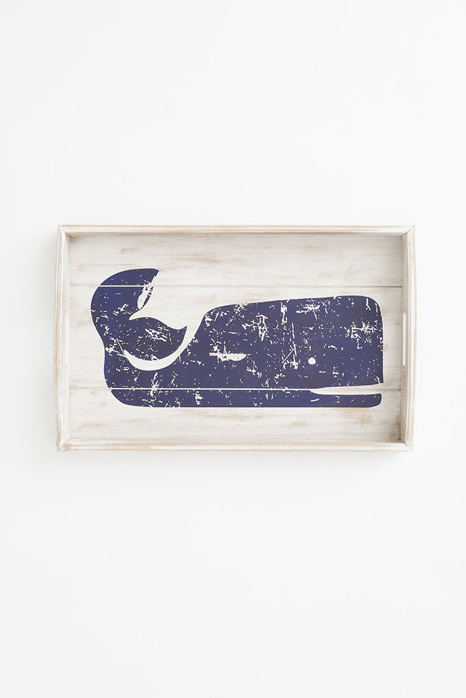 Bandeja de madera rectangular con ballena azul